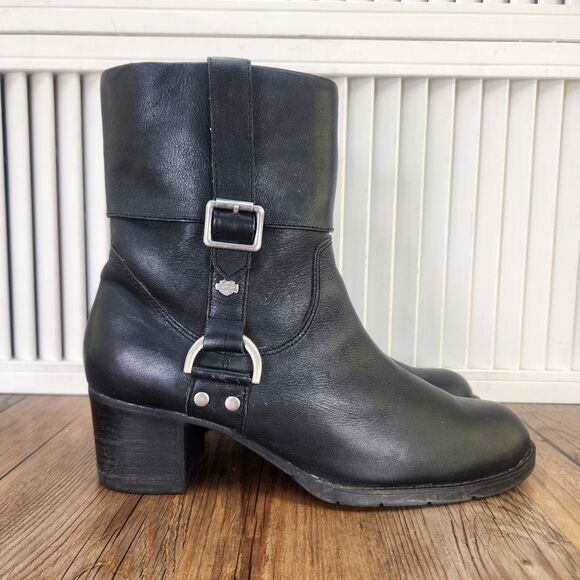 Harley-Davidson - Women’s Leather w/ Metal Buckle Black Heeled Boots - Size 8.5 - Picture 1 of 10